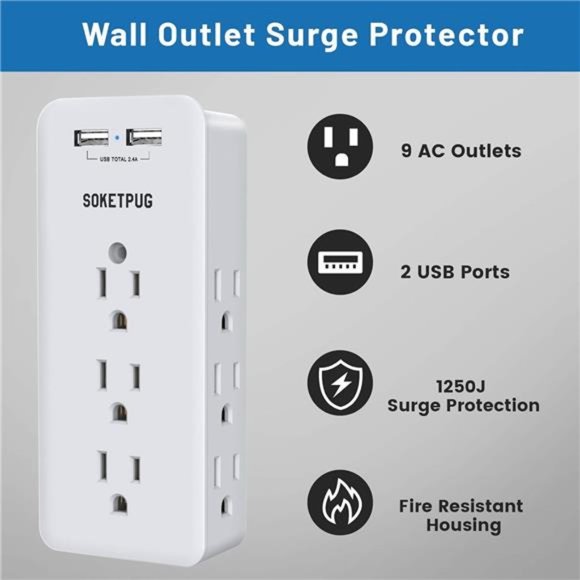 Surge Protector Outlet Extender, USB Wall Charger, SOKETPUG Multi Plug Outlet - Picture 2 of 5